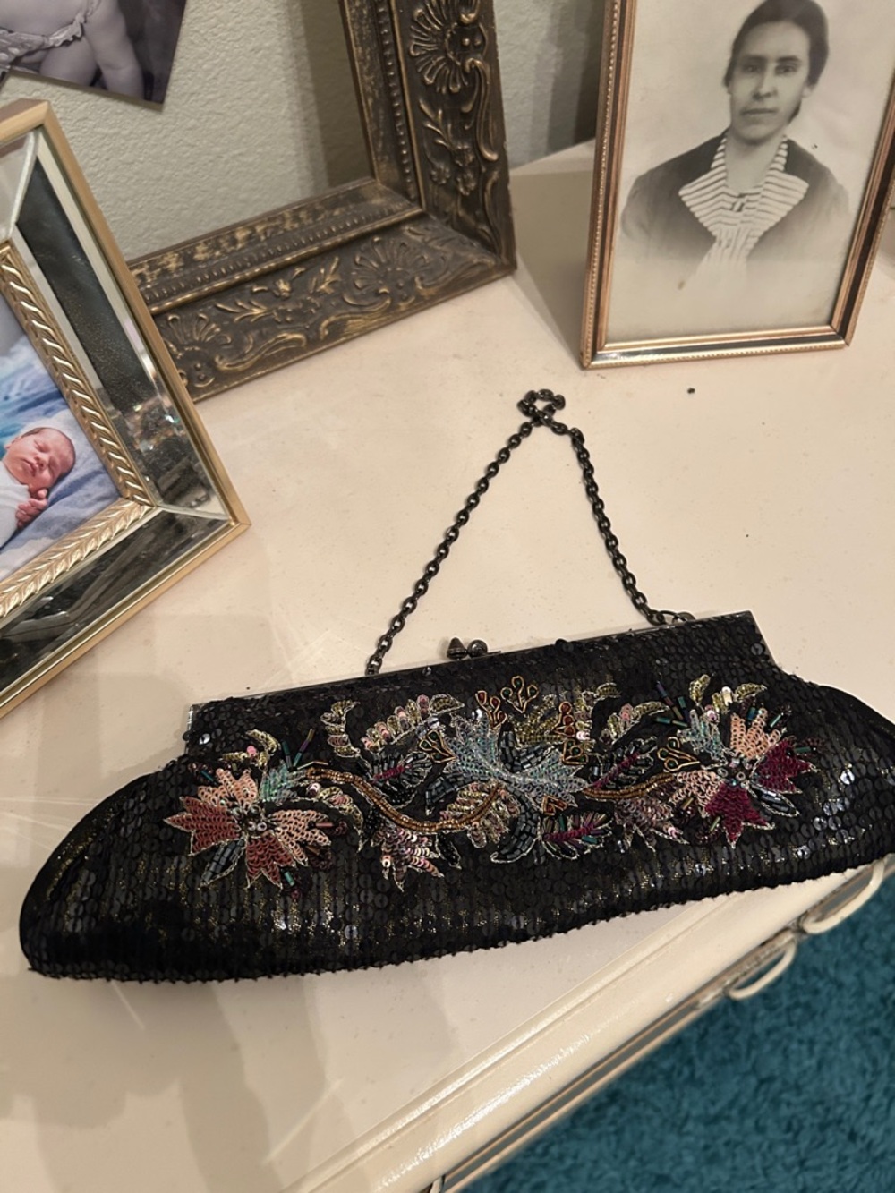 Black sequin White House Black Market Floral Evening Clutch
